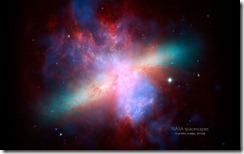 Image of M82 or the Cigar Galaxy from NASA's Spitzer and Hubble Space Telescopes, and NASA's Chandra X-ray Observatory