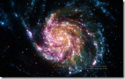 Image of the galaxy M101 from NASA's Spitzer and Hubble Space Telescopes, NASA's Chandra X-ray Observatory, and NASA's Galaxy Evolution Explorer
