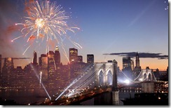 Fireworks over the Brooklyn Bridge, New York, USA