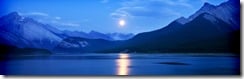 Moonrise over Spray Lakes Reservoir in Spray Lakes Provincial Park, Alberta, Canada