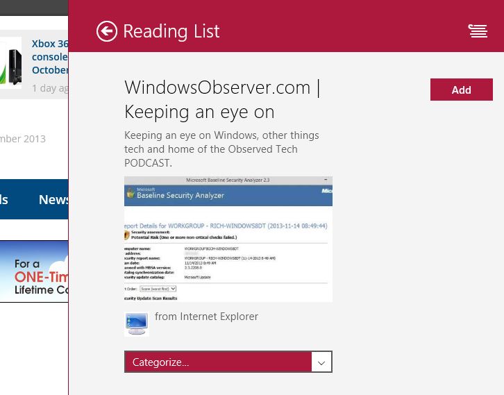 Reading List in Windows 8.1 Updated with Category Options