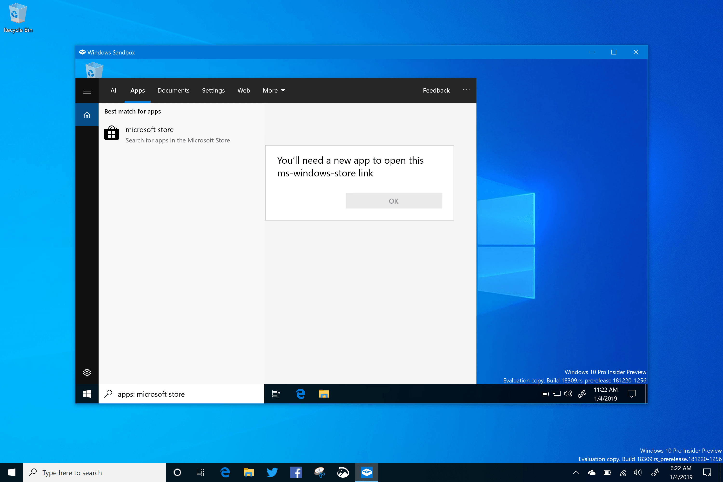 Windows Sandbox - Windows 10 (19H1) Build 18309