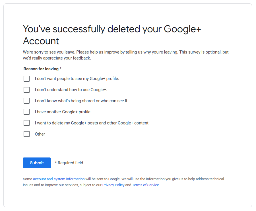 Google+ Profile Deletion Why Dialog