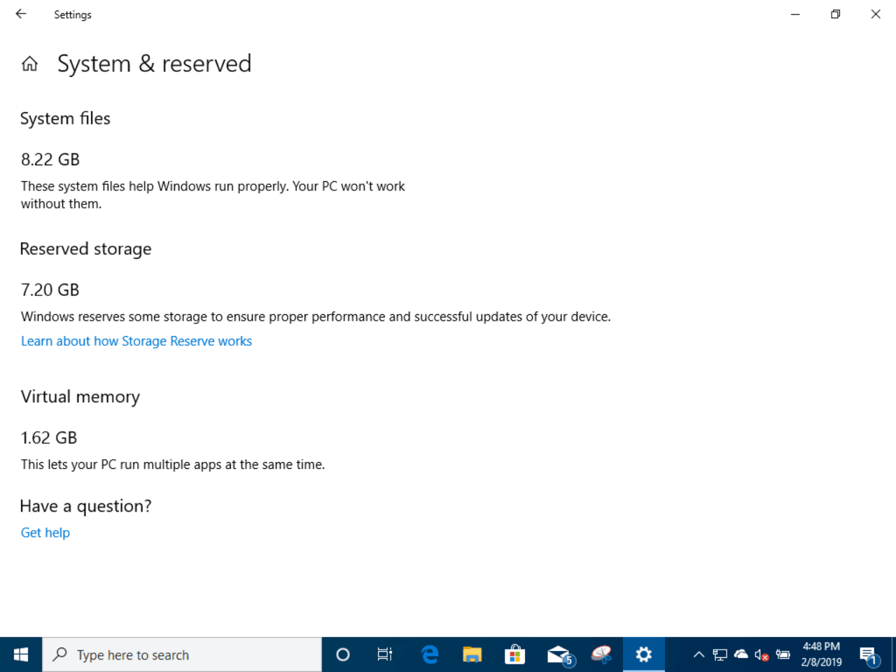 Windows 10 (19H1) Reserved Storage - Virtual Machine