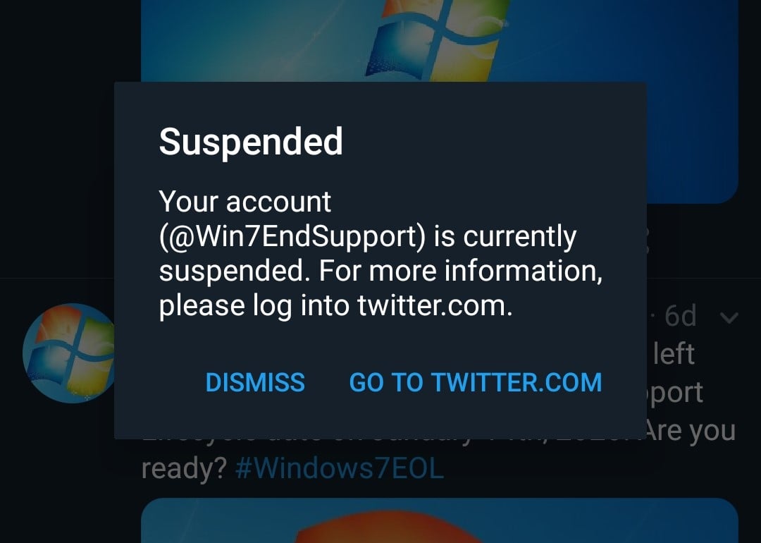 @Win7EndSupport Twitter Account - Suspended Message on Android