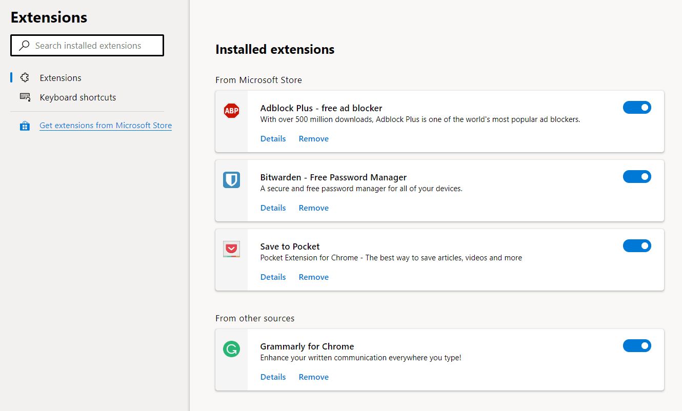 Microsoft Edge Chromium Extensions Settings Page