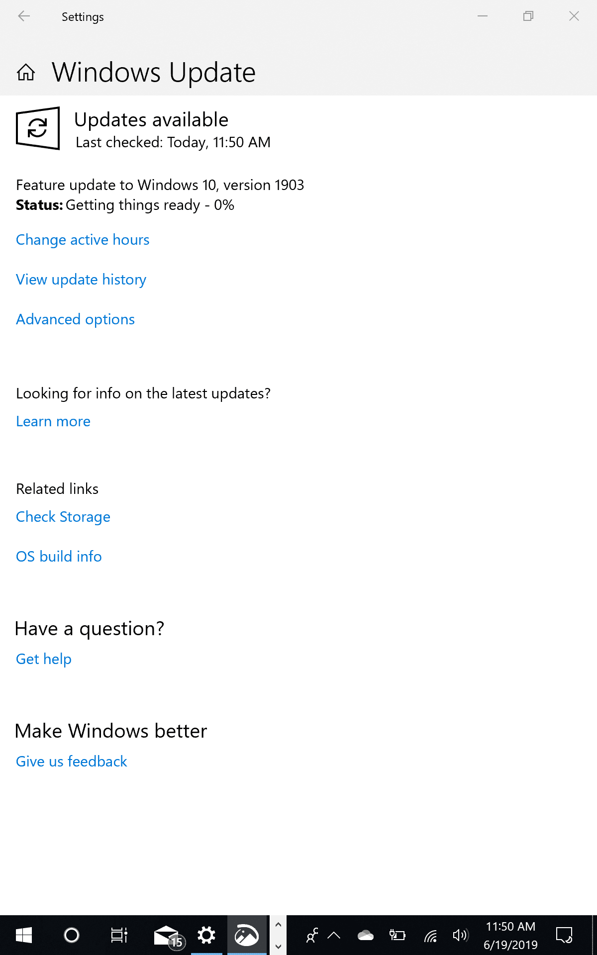 Windows Update Notice for Windows 10 Version 1903