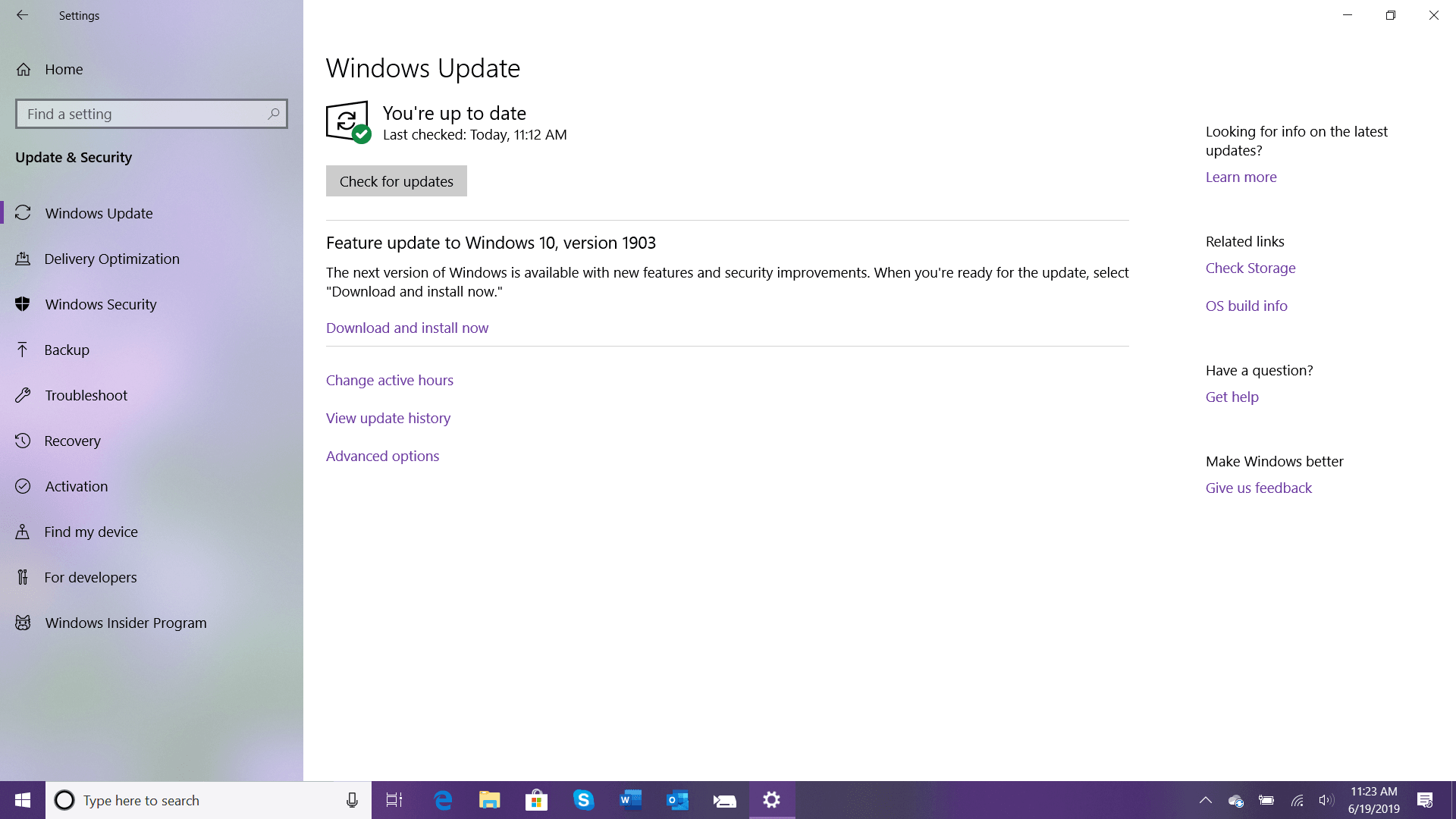 Windows Update Notice for Windows 10 Version 1903