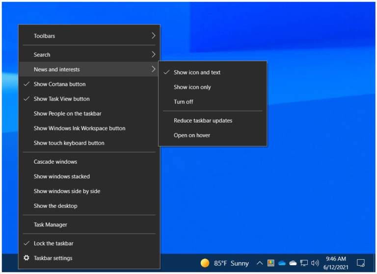 Turn Off News And Interests Feature On The Windows 10 Taskbar